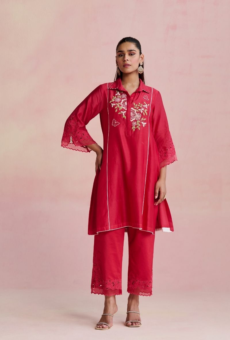 Raspberry Pink Collar Motif Yoke Amara Kurta Set