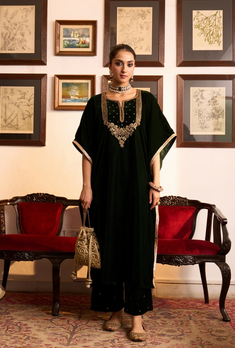 Bottle Green Embroidered Yoke Dilbar Kaftan Set