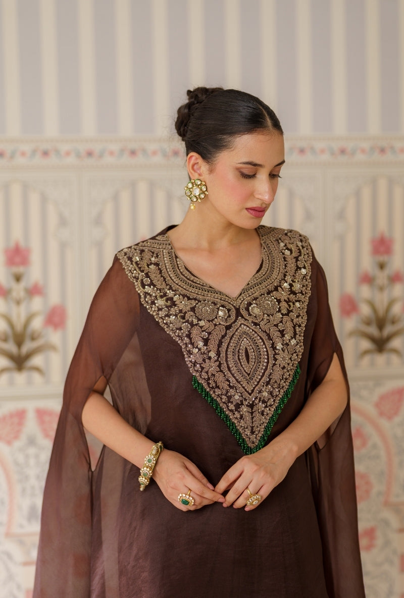 Brown Heavy yoke Hand Embroidered Mallika Cape Set
