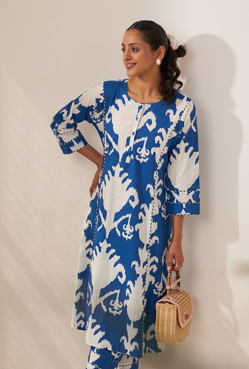 Blue Ikat Lovebirds Kurta Set