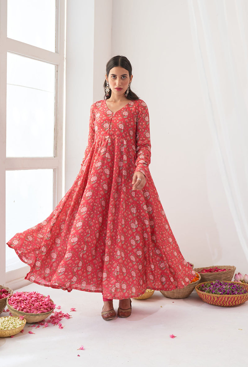 Hot Pink Digitally Printed Iris Anarkali Set