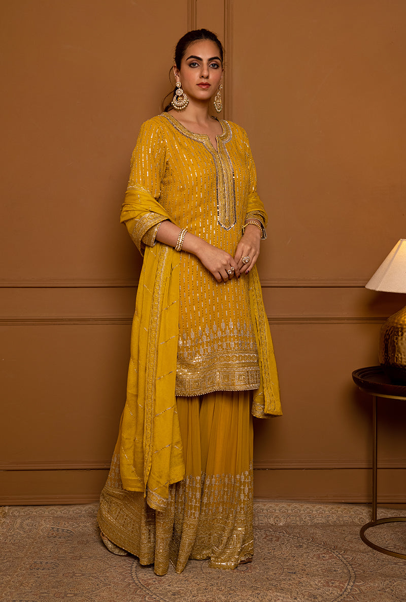 Mustard Sequins And Zari Hoor 2.0 Gharara Set