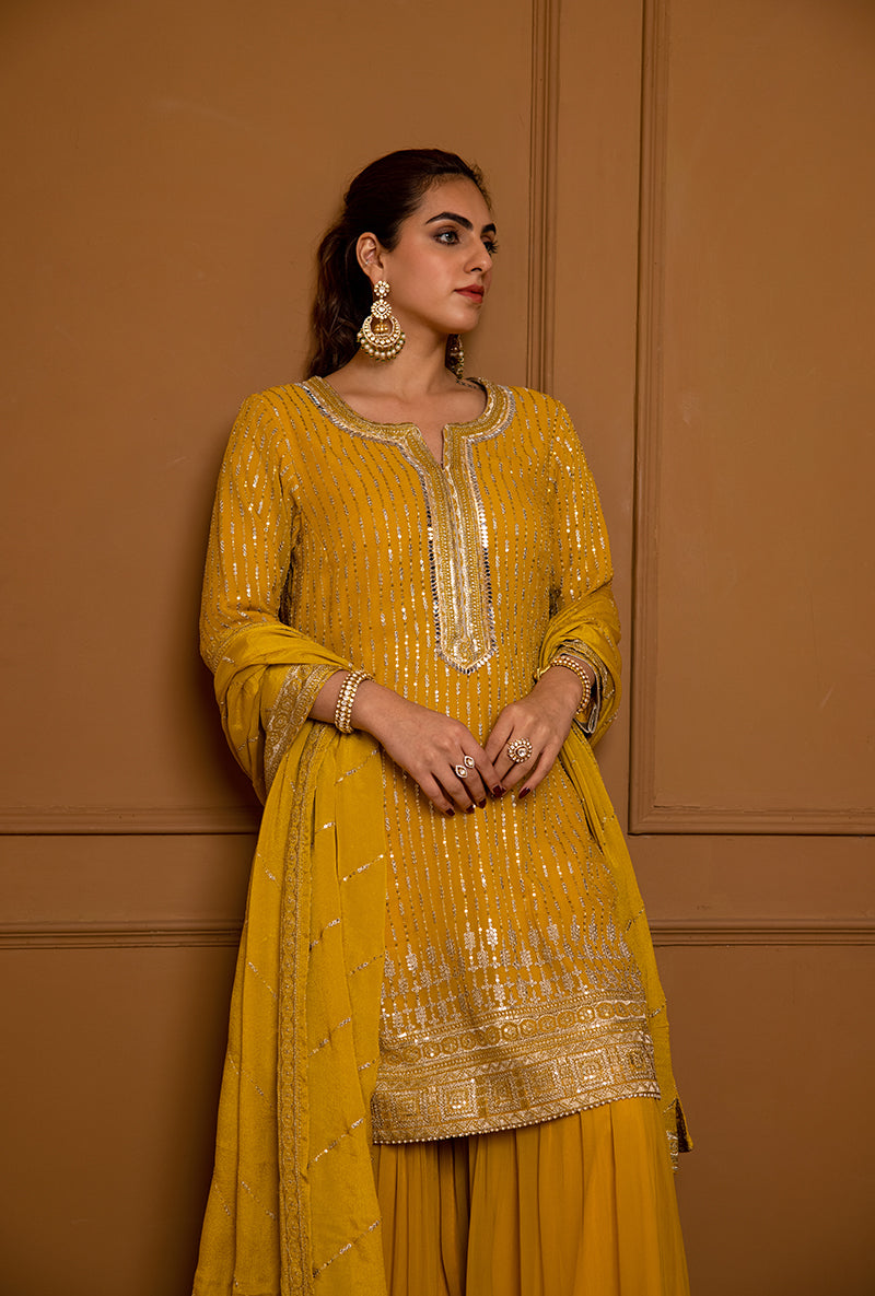 Mustard Sequins And Zari Hoor 2.0 Gharara Set