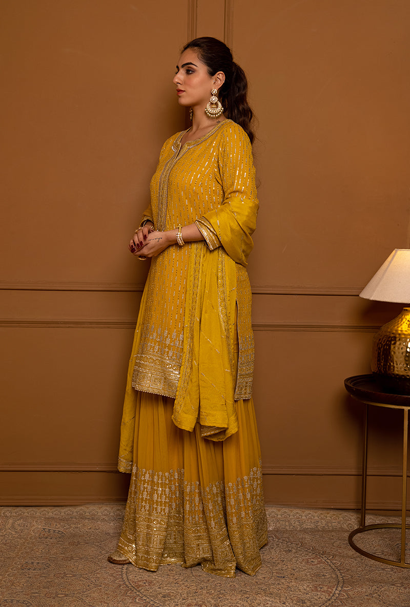 Mustard Sequins And Zari Hoor 2.0 Gharara Set