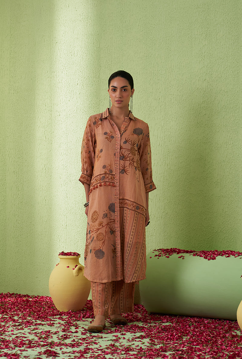 Peach Printed Collar Tara Kurta Set