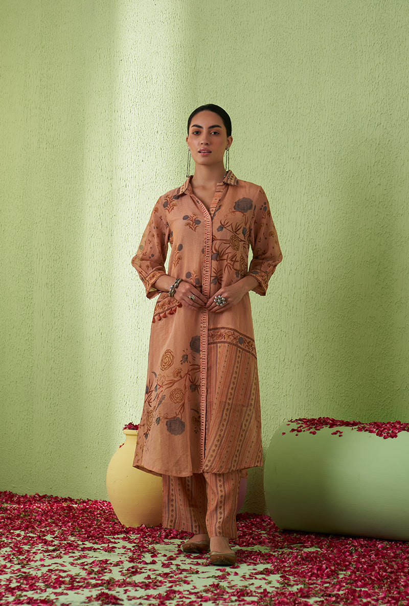 Peach Printed Collar Tara Kurta Set