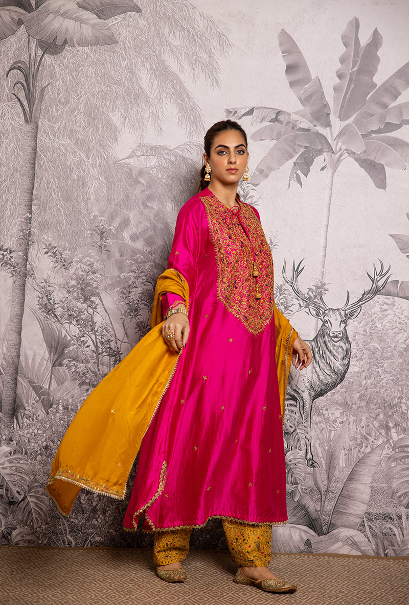 Rani Pink Bird Embroidered Long Shaheen Salwar Set