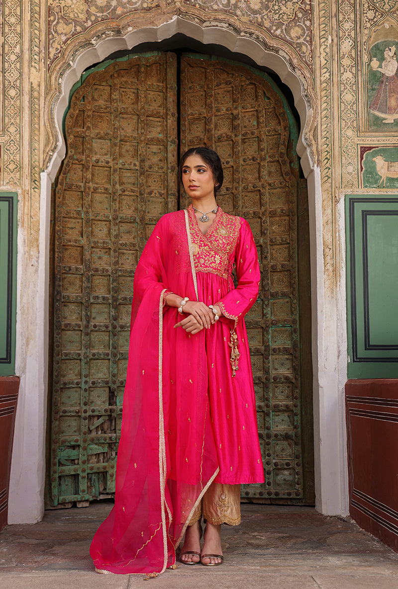 Shocking Pink Overlap Frockstyle Raag Kurta Set