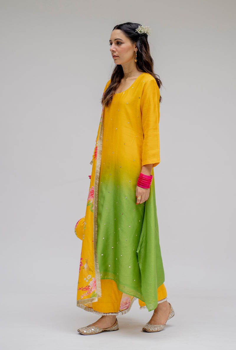 Yellow Ombre Asymmetric Nyra Kurta Set