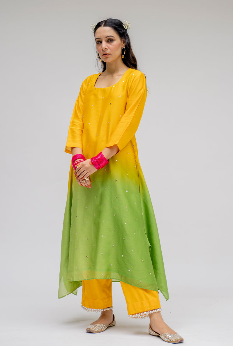 Yellow Ombre Asymmetric Nyra Kurta Set