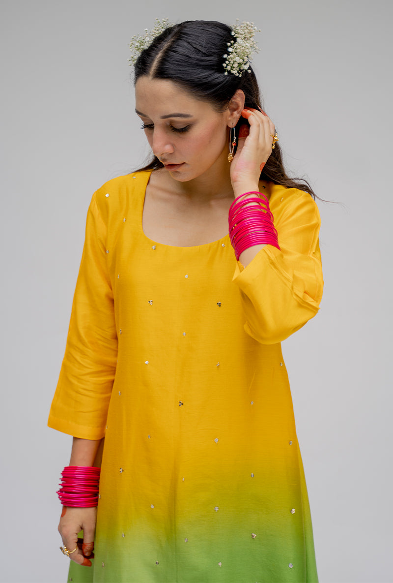 Yellow Ombre Asymmetric Nyra Kurta Set