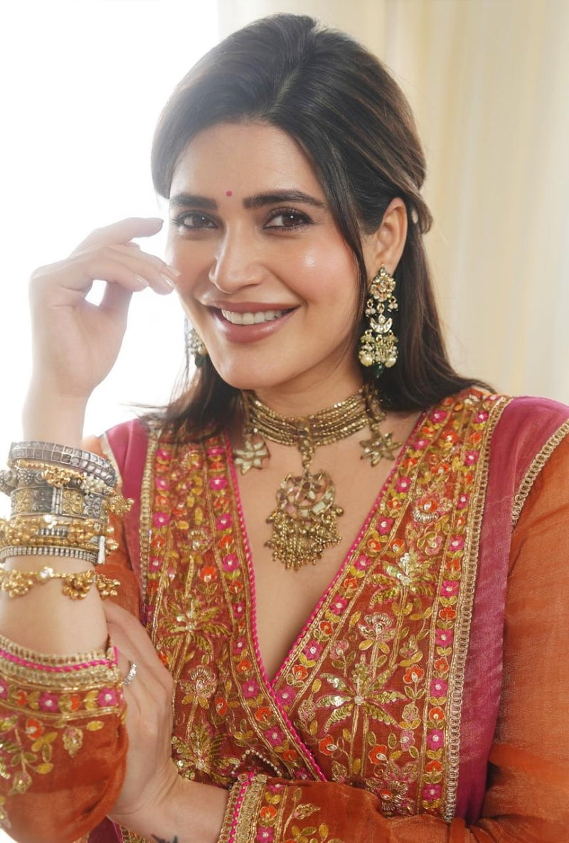 Karishma Tanna in Rust Embroidered Overlap Yoke Gulbano Anarkali Set
