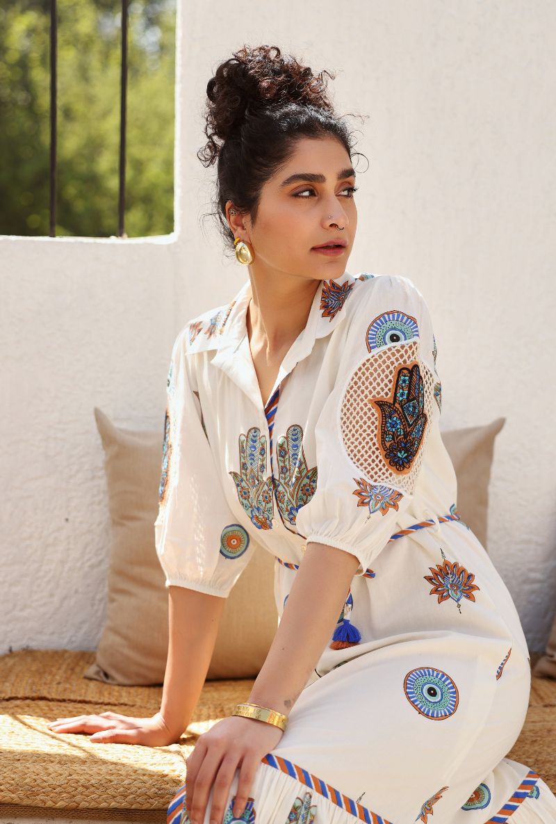 Ivory Hamza Print Gaze Long Dress