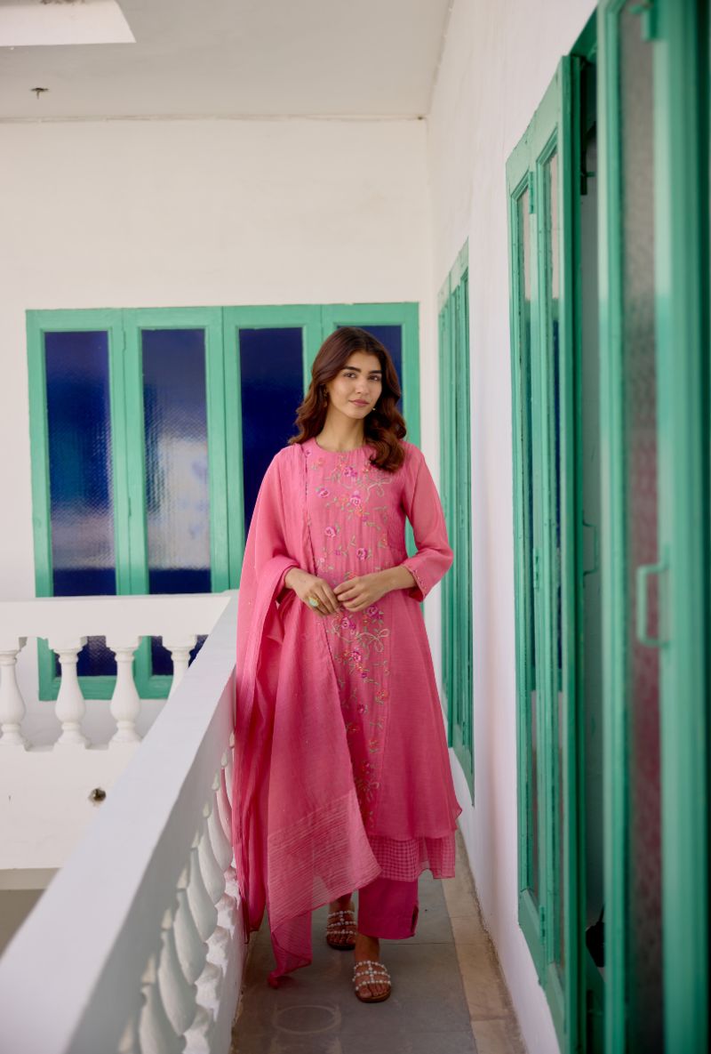 Pink Floral Embroidered &amp; Pintucks Vaidehi Kurta Set