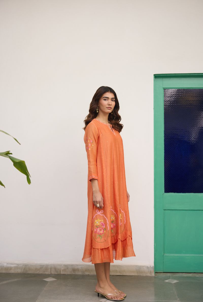 Orange Floral Embroidered with Applique Vaidehi Dress