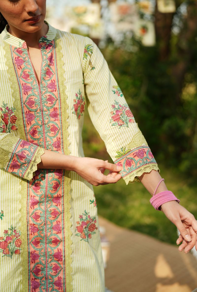 Lime Green Straight Rounded Ghera Gulmohar Kurta Set