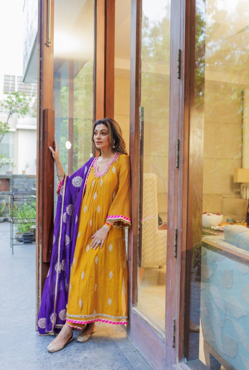 Meghna Nayyar in Mustard Embroidered Neck Front Gather Kurta Set