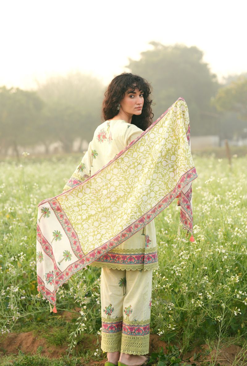 Pista Green Handblock Print Short Gulmohar Kurta Set