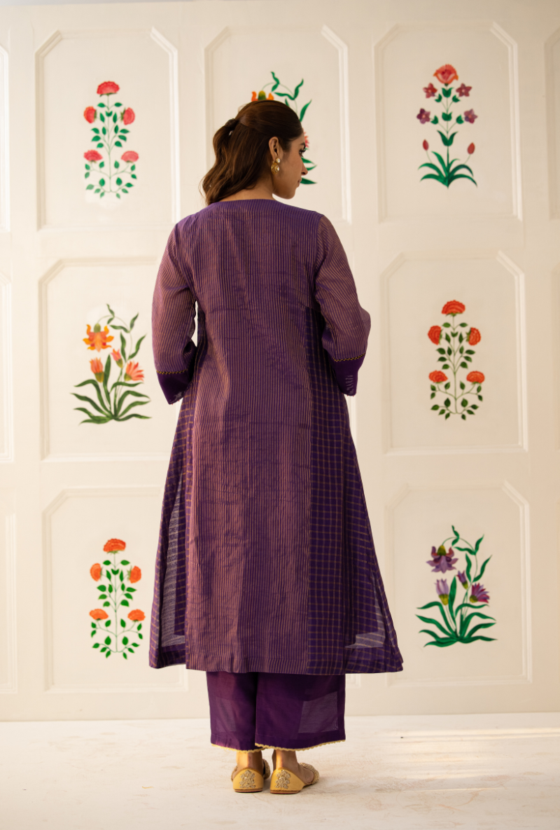 Purple Check And Stripe Kishmish Jacket Set