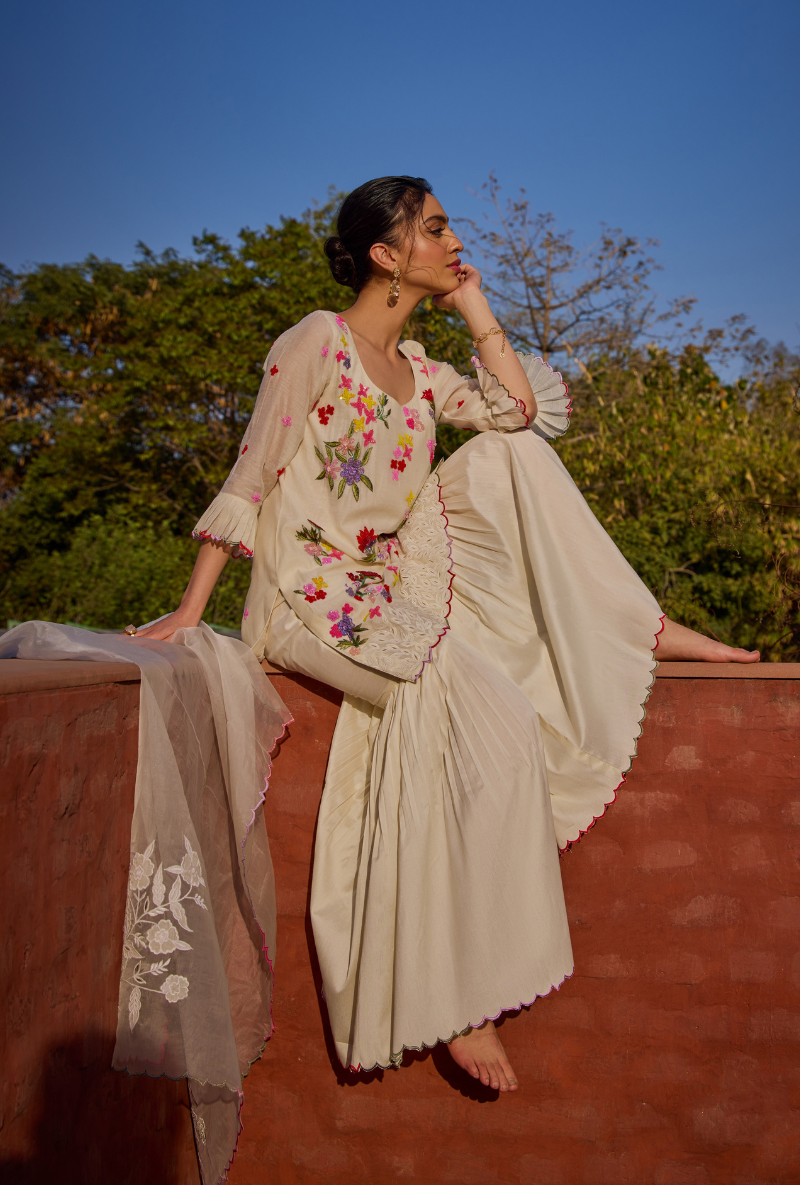 Ivory Hand Embroidery Cut Work Short Kurta Anaardana Gharara Set