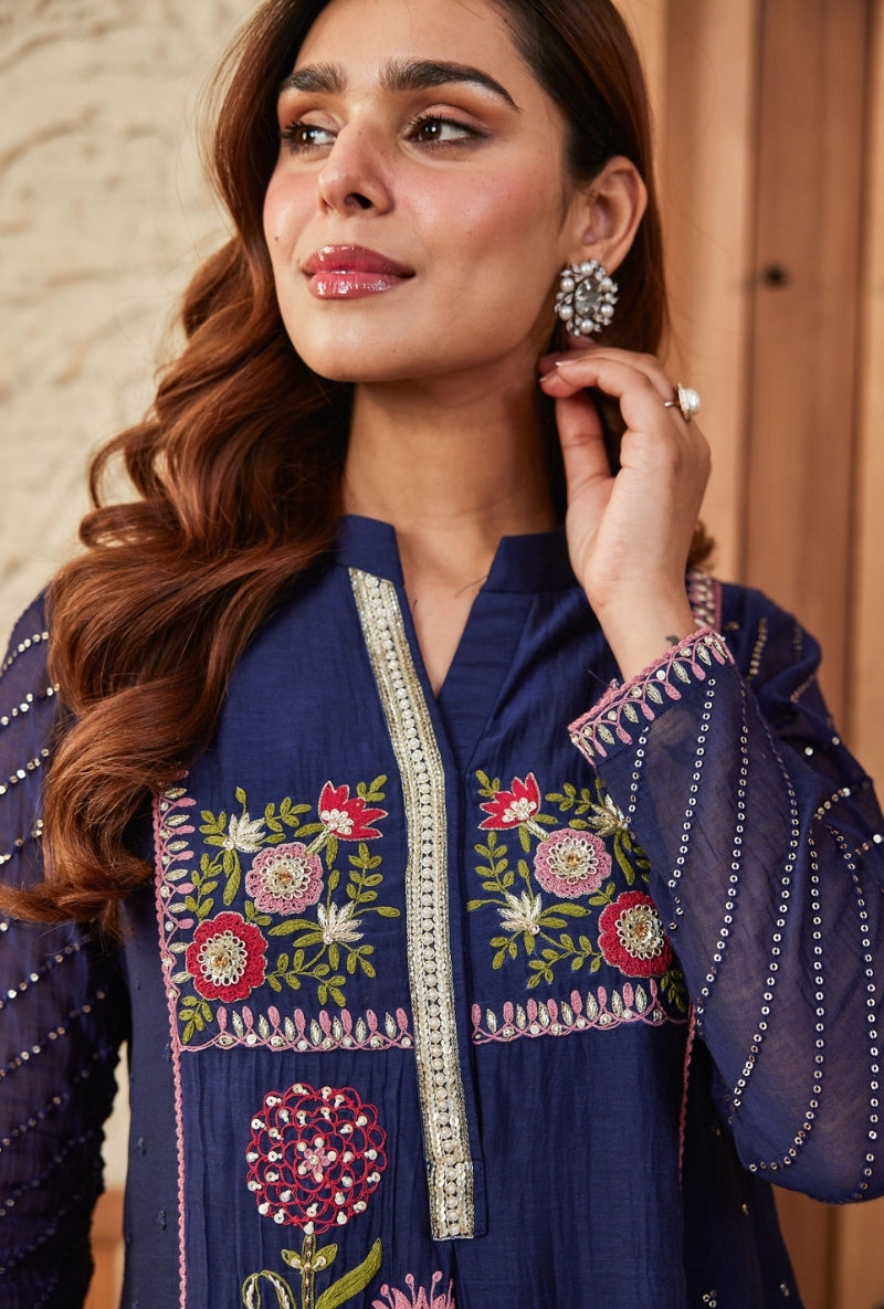 Blue Inverted Pleat Dori Work Aadhya Kurta Set