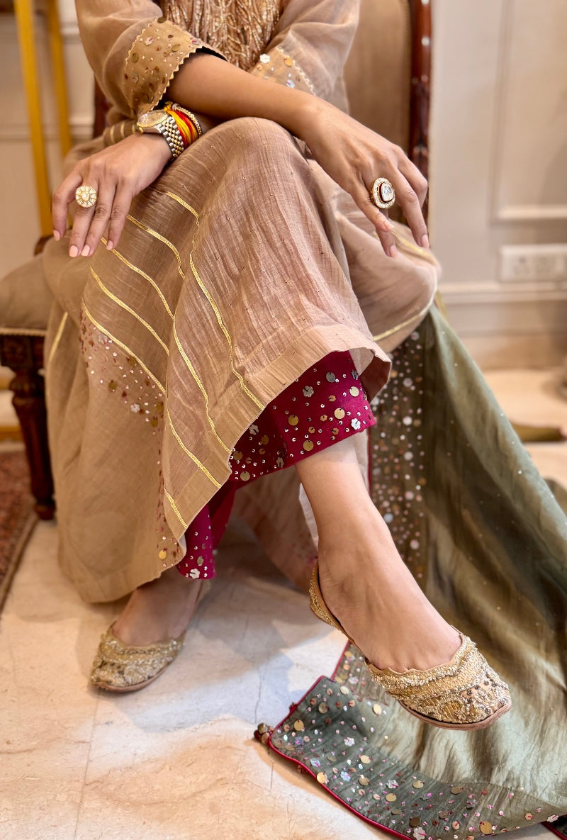 Meghna Nayyar in Beige Heavy Hand Embroidered Yoke Front Gather Anarkali Set