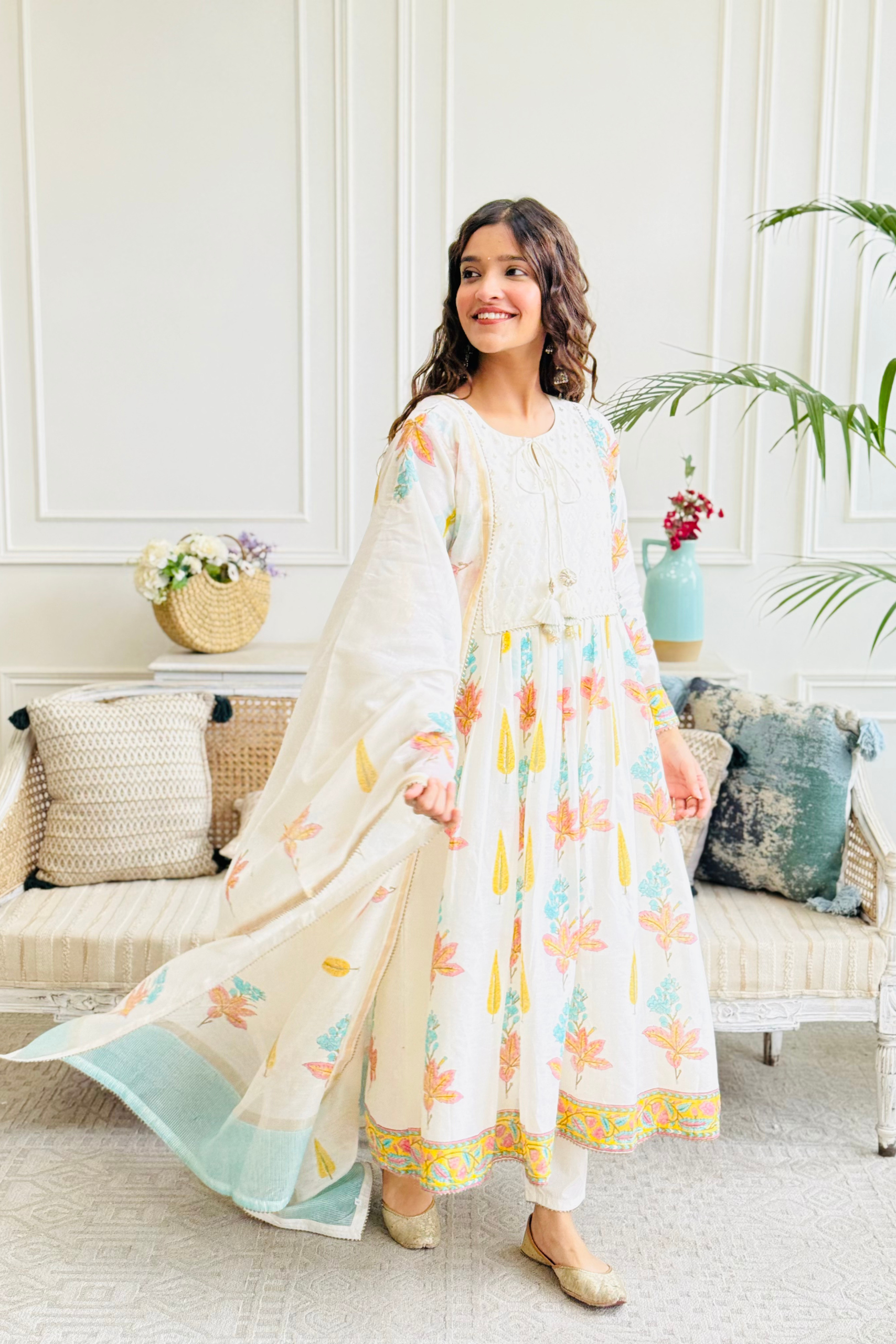 Varsha Rana in Off White Banarsi Buti Yoke Farah Anarkali Set