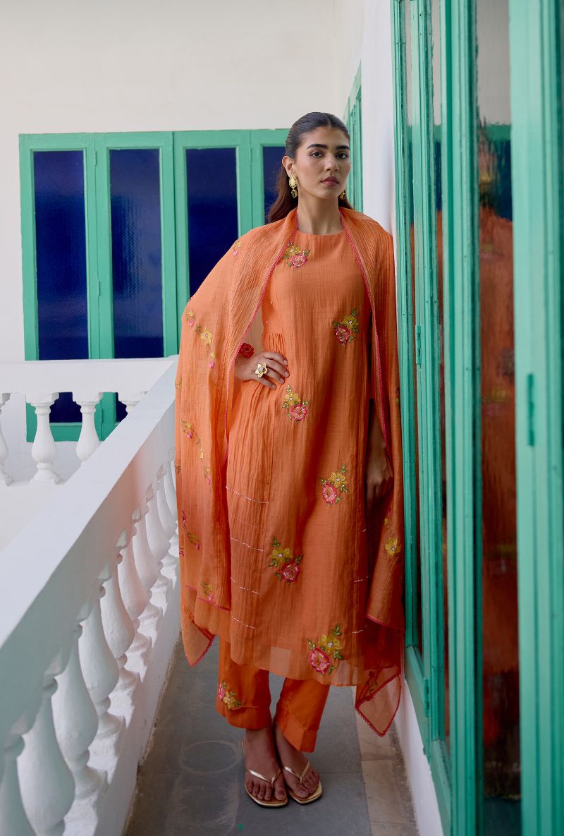Orange Floral Embroidered Side Gather Vaidehi Kurta Set