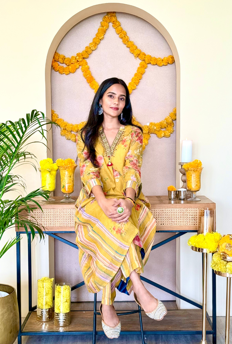 Jyoti Verma in Musrard Embroidered V Neck Bageecha Kurta Set