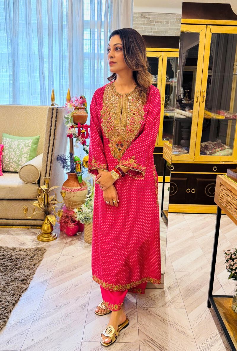 Meghna Nayyar in Pink Printed Pakhi Yoke Heavy Straight Kurta Set