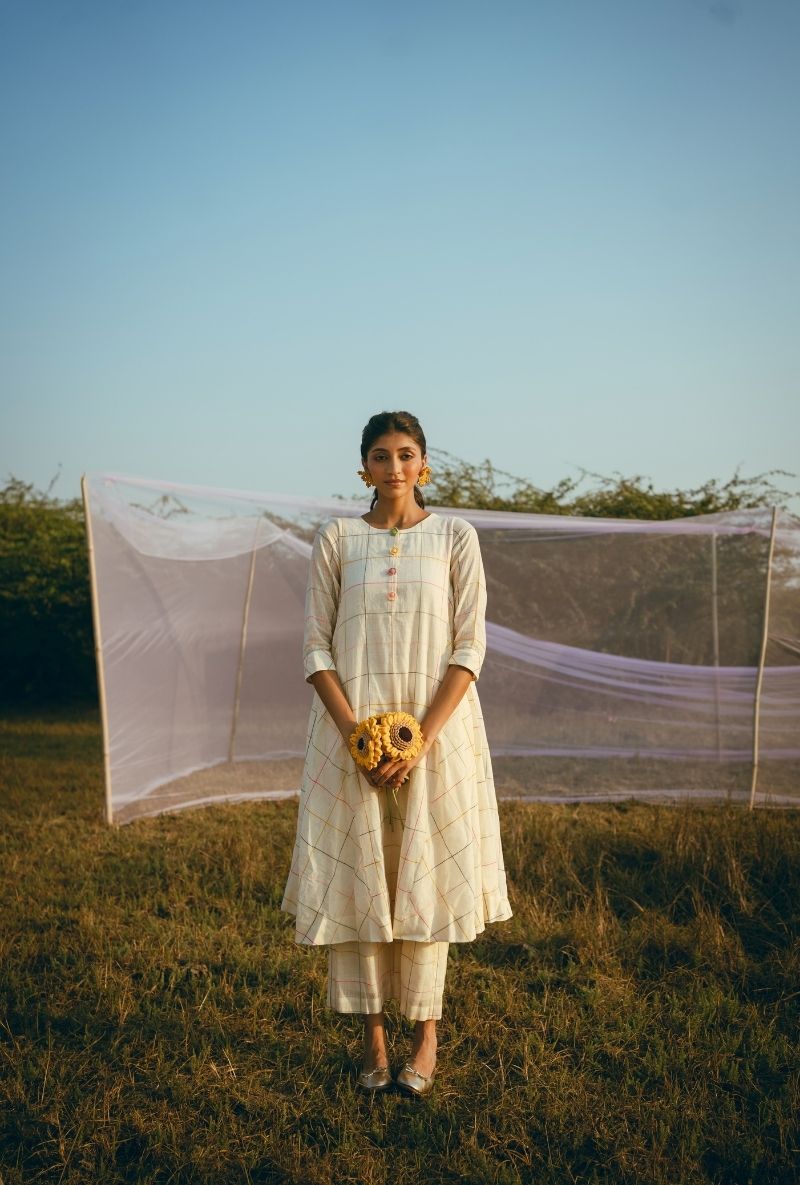 Ivory Colourful Crochet Button Barfi Kurta Set