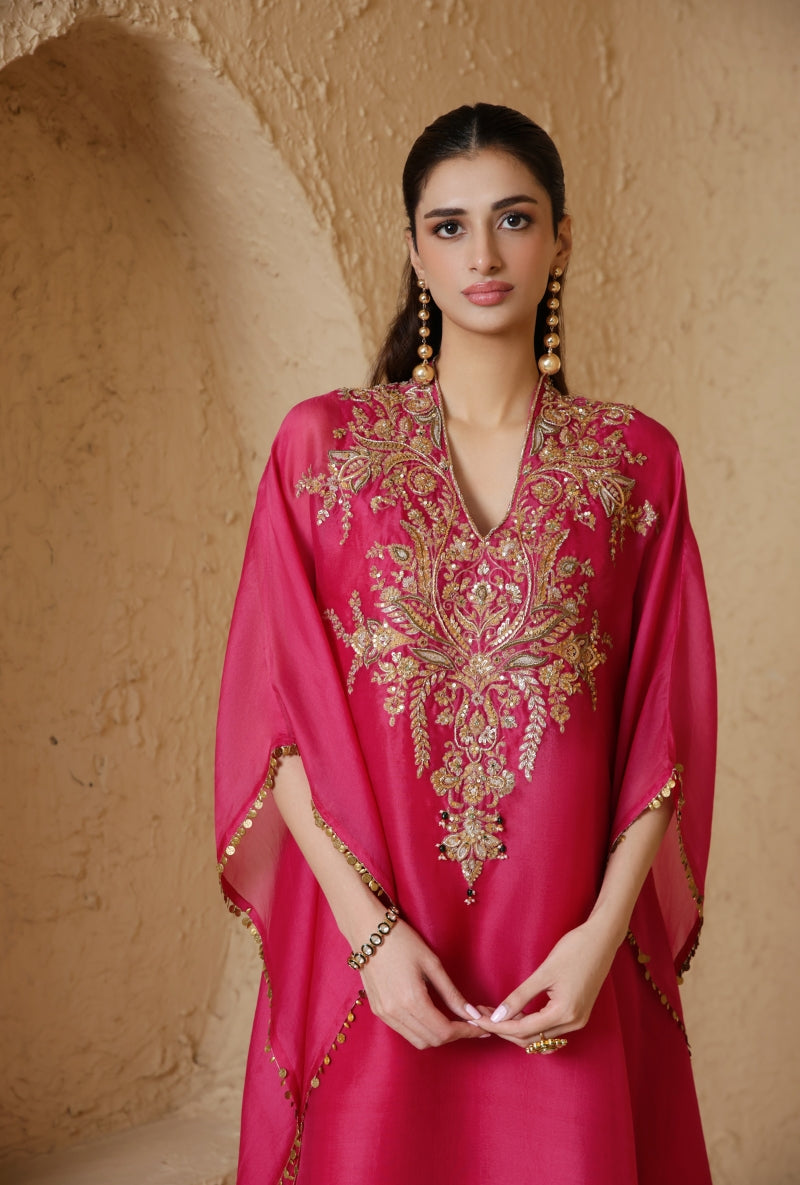 Pink Heavy Yoke Nihira Kaftan Set