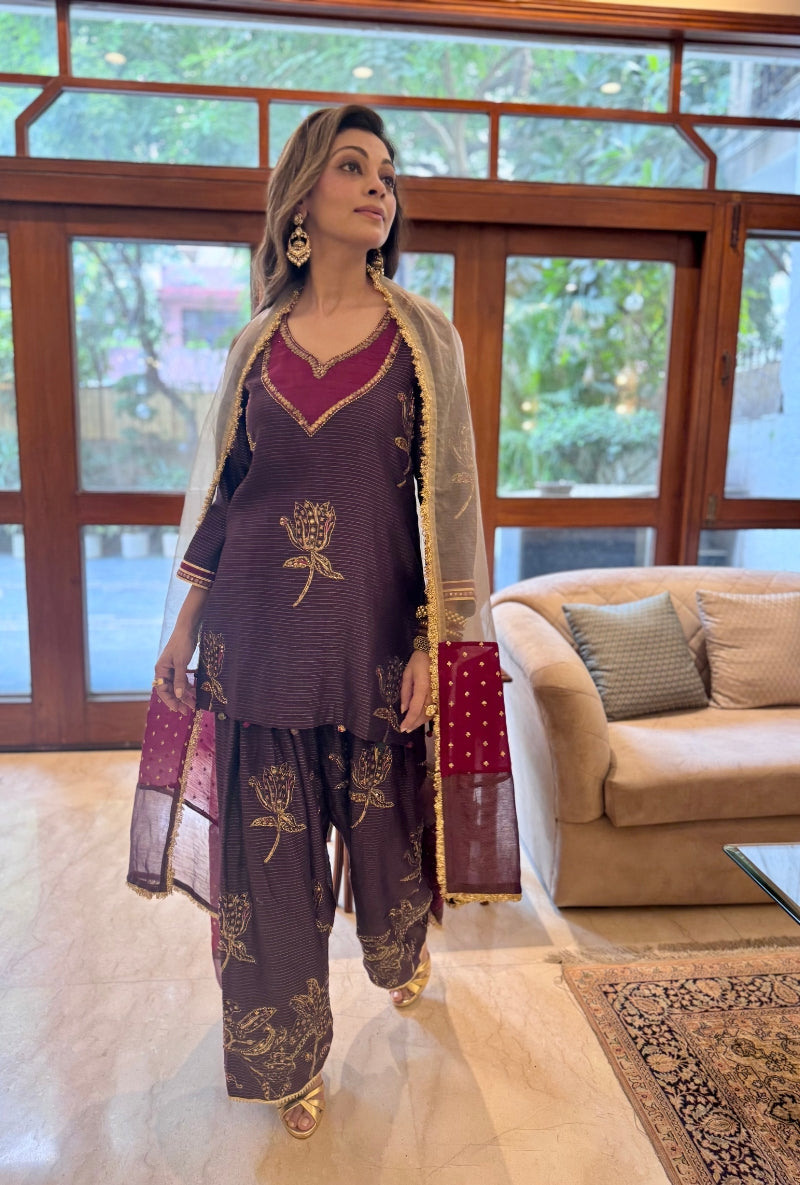 Meghna Nayyar in Purple Hand Embroidered Neck Farshi Set
