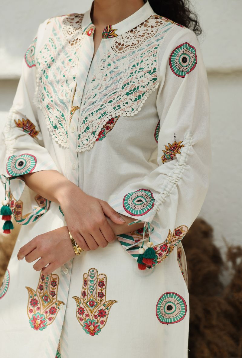 Ivory Hamza Print Gaze Kurta Set