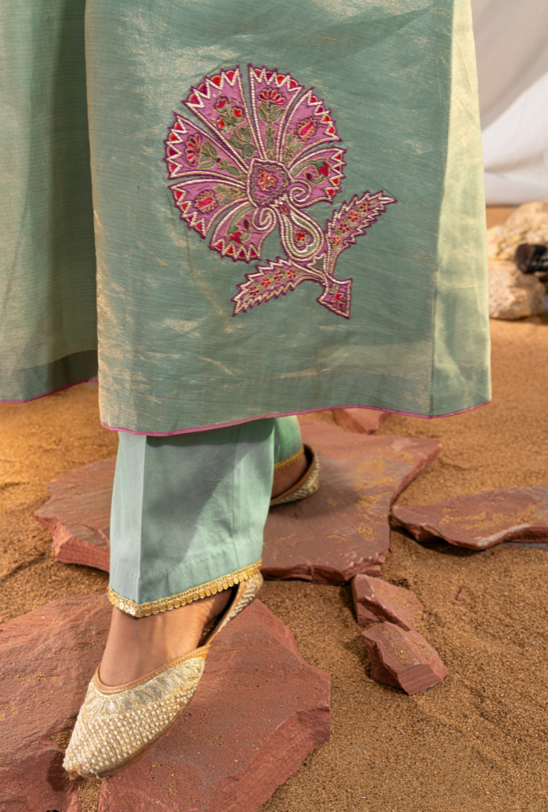 Sage Green Handloom Cotton Zari Tissue Embroidered Kiara Kurta Set