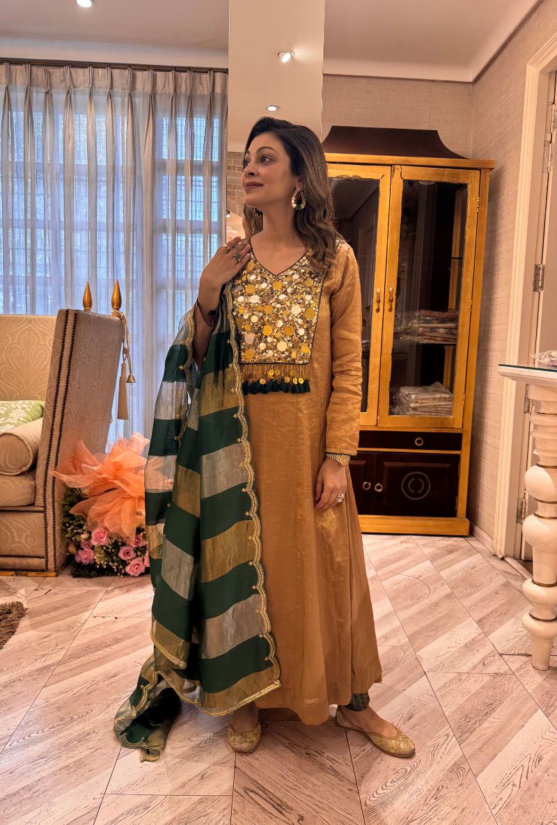 Meghna Nayyar in Gold Metallic Zardosi work Kainaat Anarkali Set