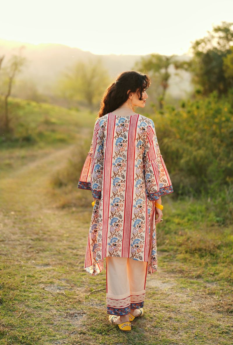 Pink V-Neck Front Gathered Kurta With Pocket Gulmohar Kurta Set