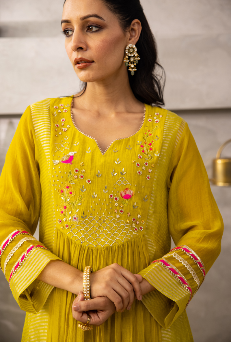 Lemon Yellow Pearl Gota Front Pleat Laado Kurta Set