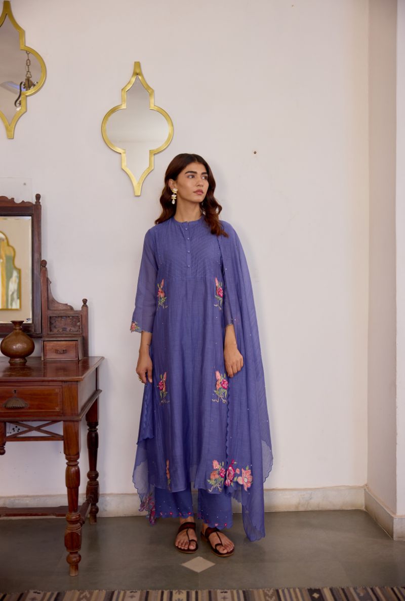 Blue Floral Embroidered &amp; Applique Vaidehi Kurta Set