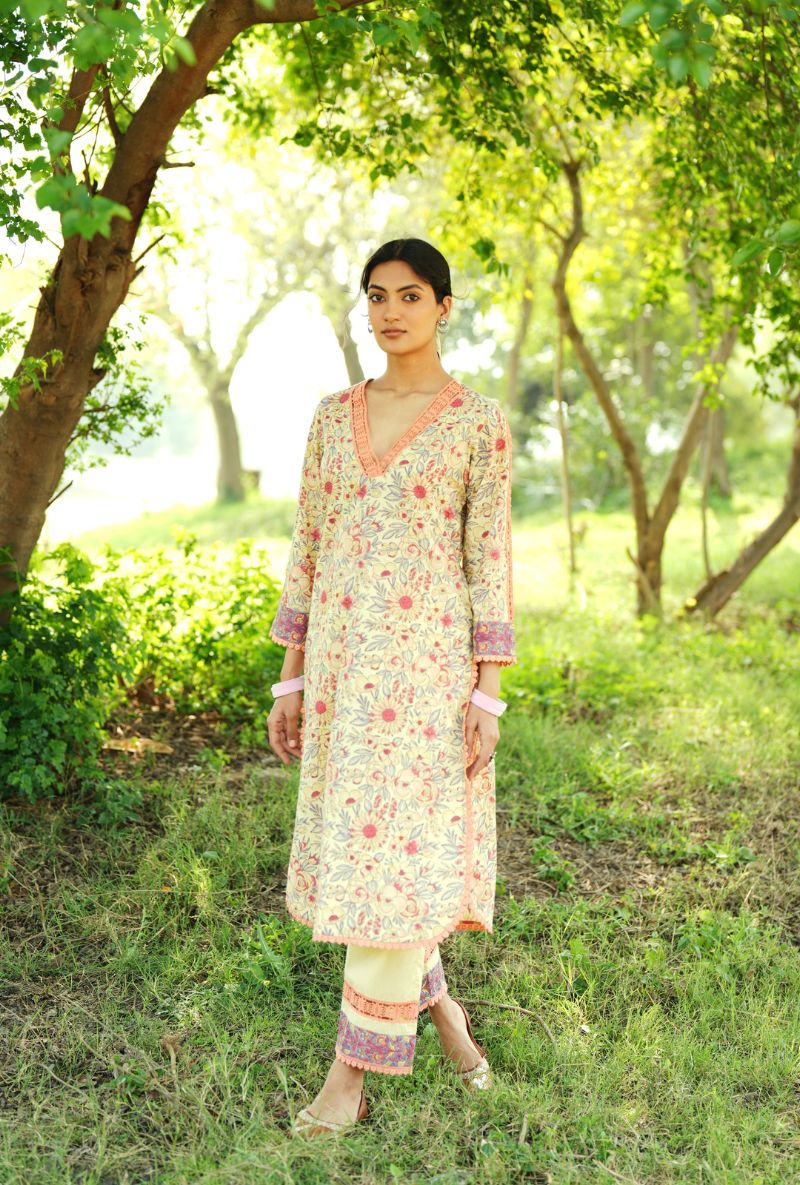 Light Yellow  V-Neck Handblock Straight Gulmohar Kurta Set