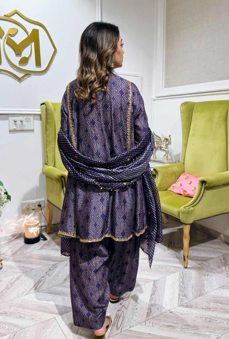 Meghna Nayyar in Purple Printed Pheran Short Kurta Set