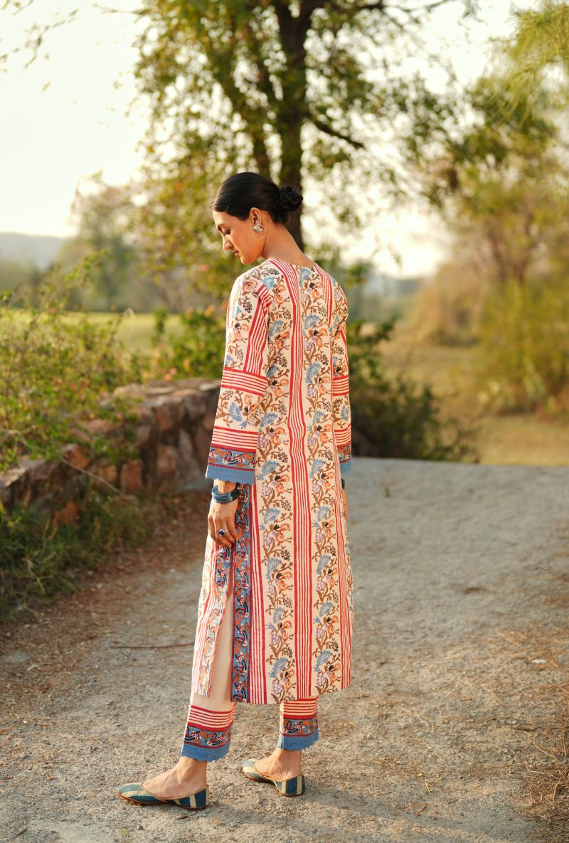 Pink Handblock Stripe Print Gulmohar Kurta Set