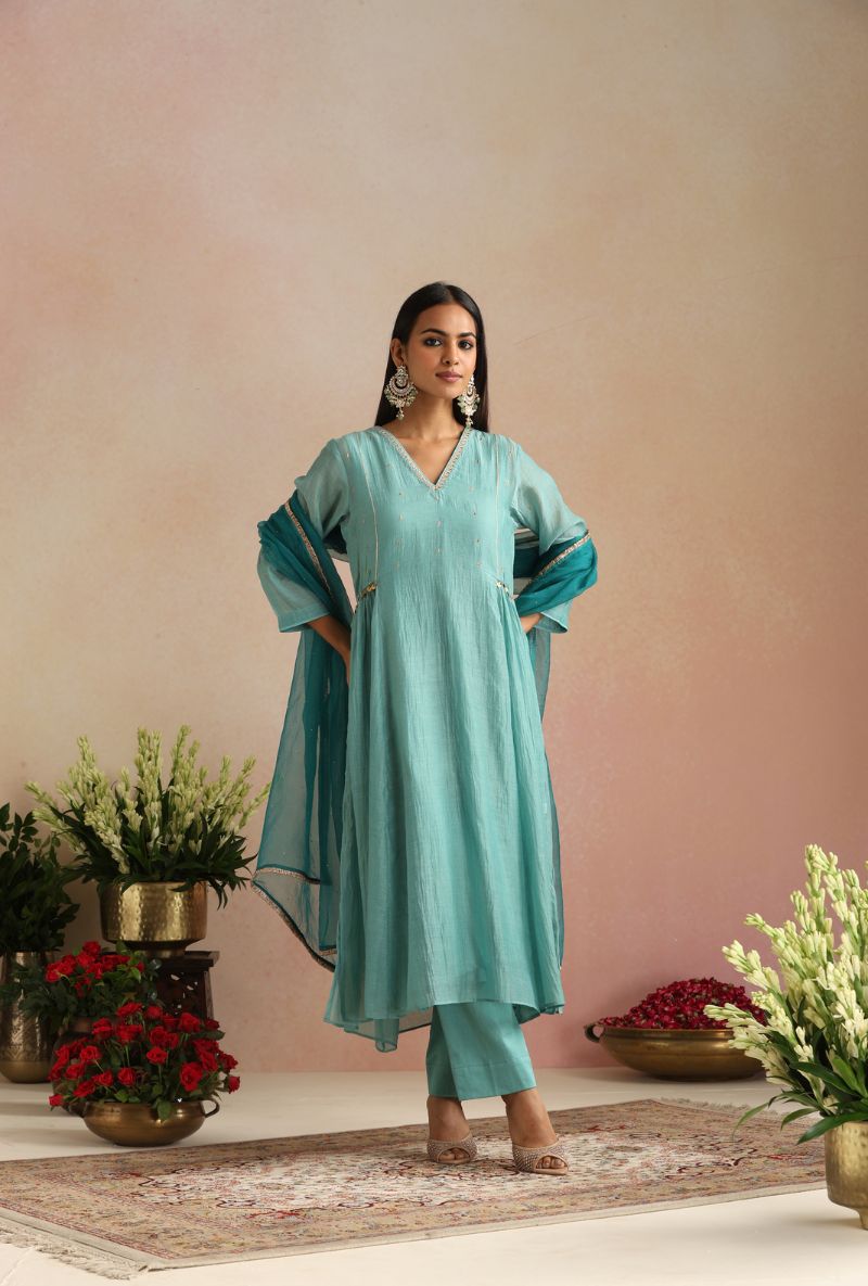 Ice Blue Zari And Dabka Work Itrh Kurta Set
