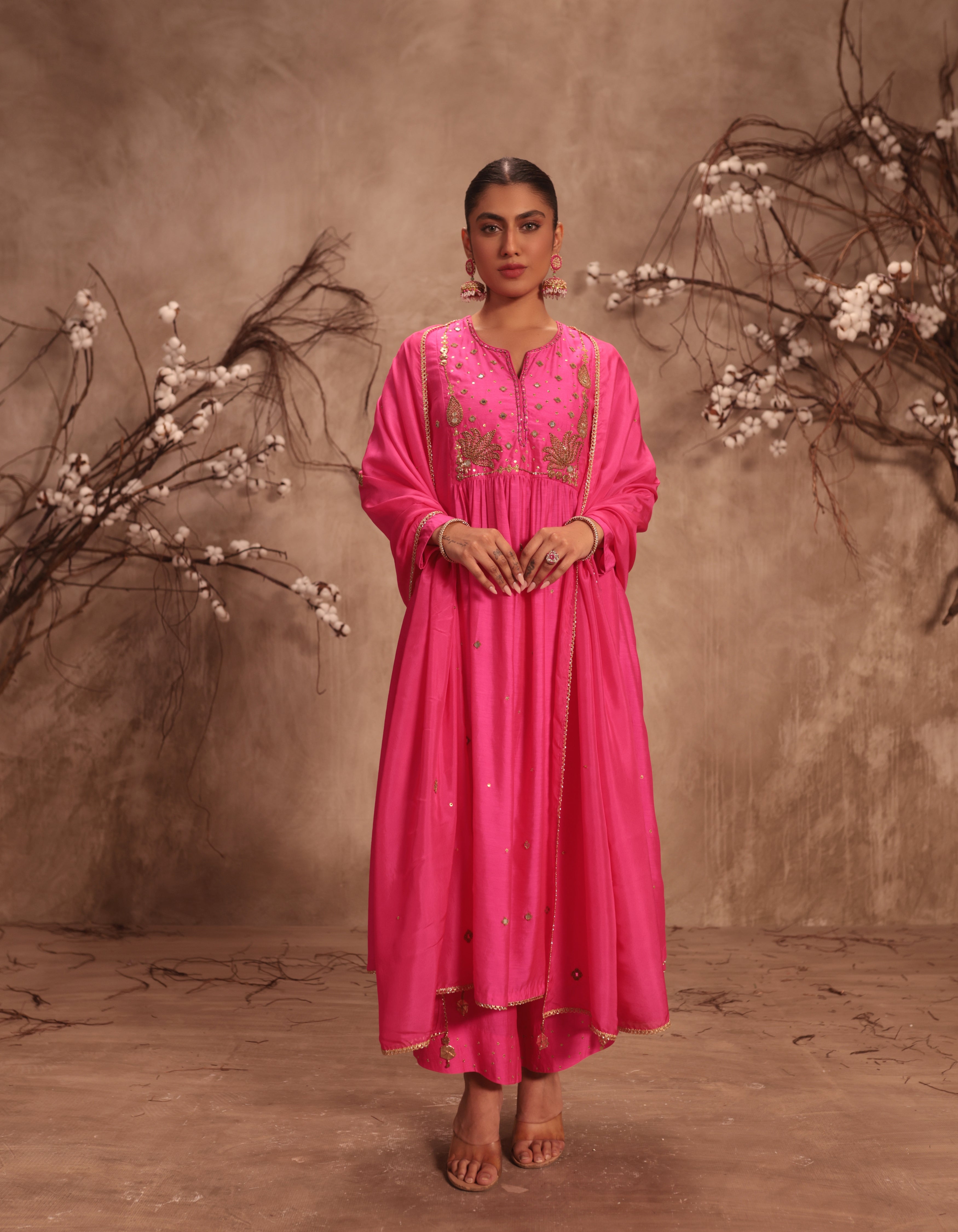 Hot Pink Frockstyle Rani Kurta Set
