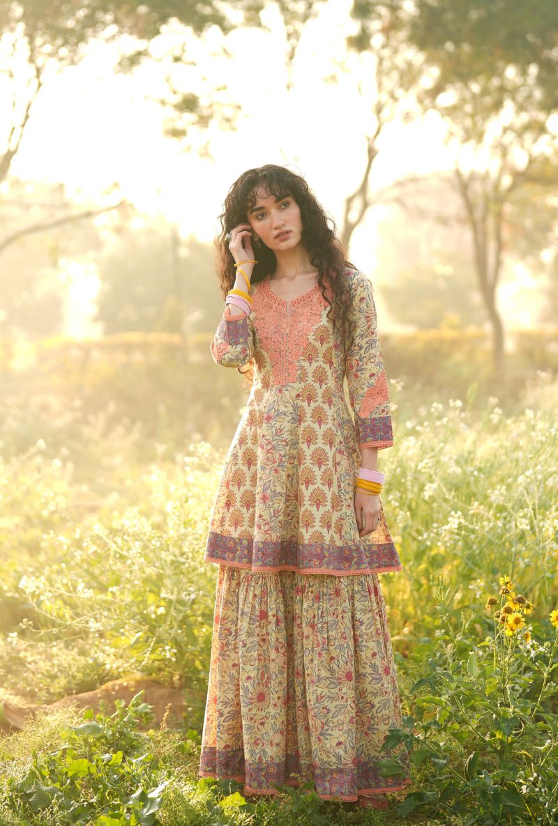 Light Yellow Short Kalidaar Gulmohar Gharara Set