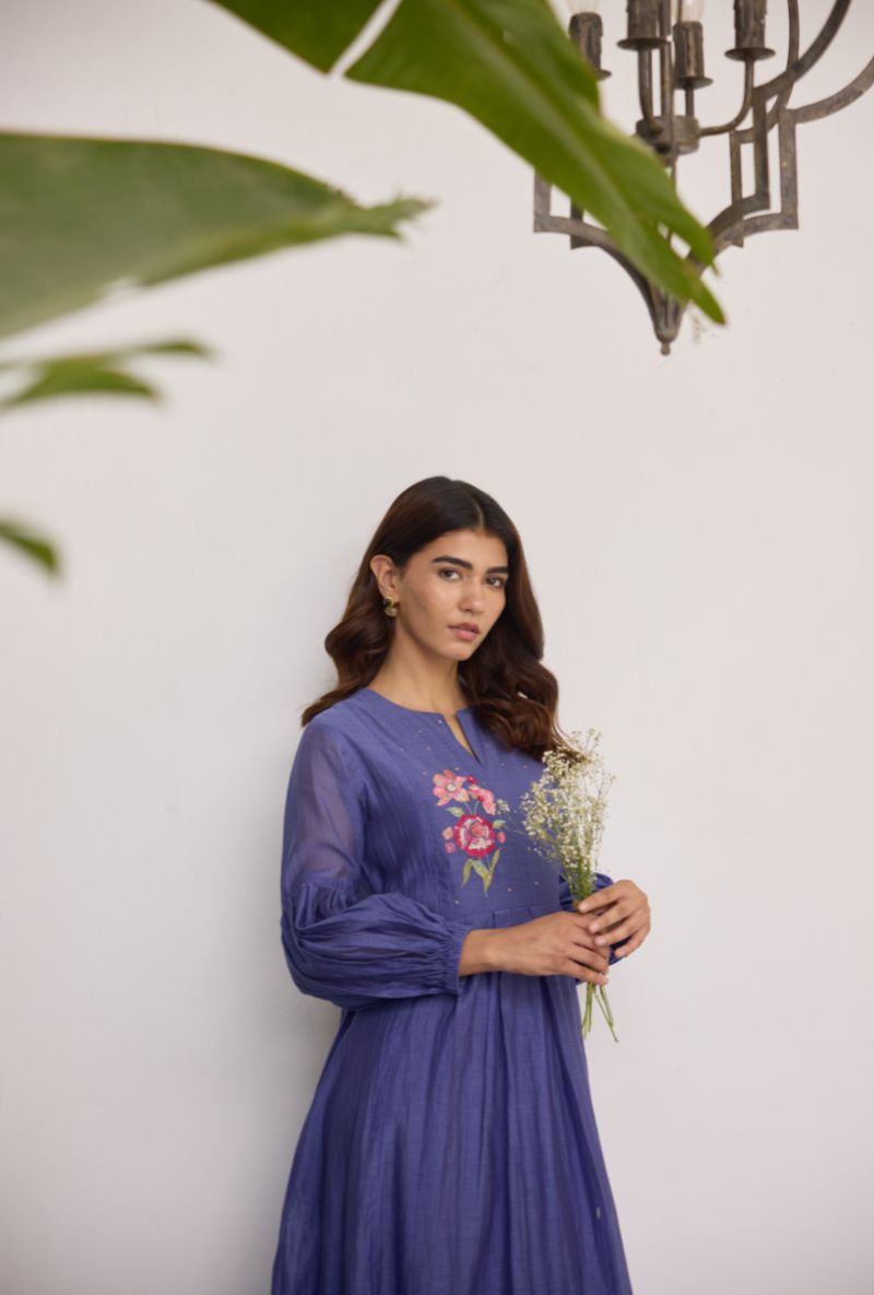 Blue Floral Embroidered Yoke Vaidehi Dress