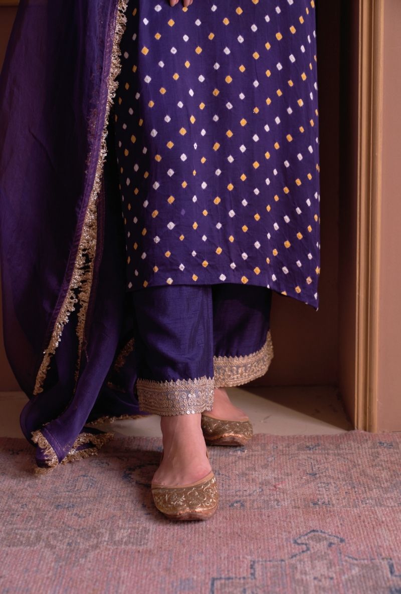 Purple Bandhej Rasia Kurta Set