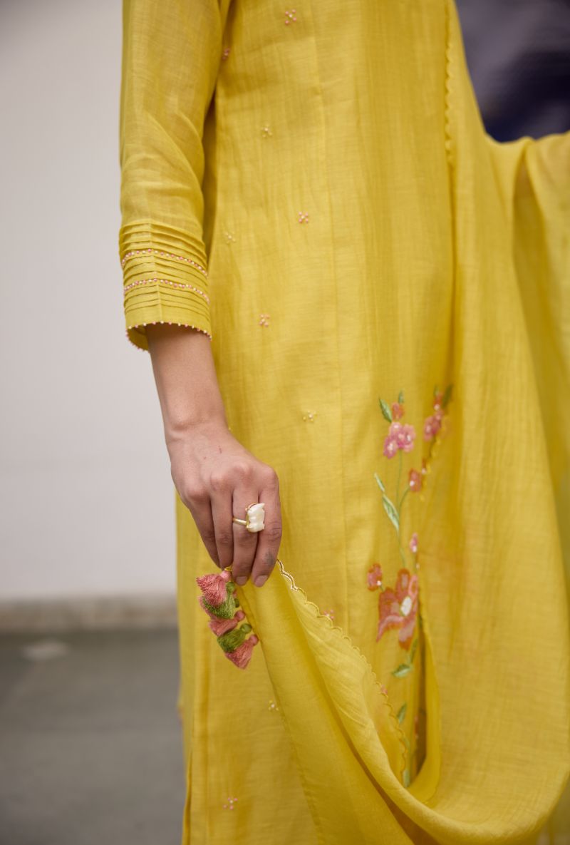 Yellow Resham Embroidered Floral Vaidehi Kurta Set