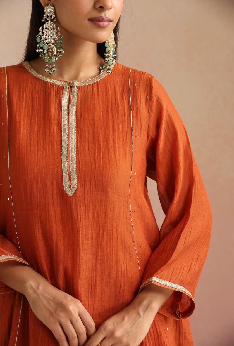 Burnt Orange Cheeta Work Itrh Kurta Set
