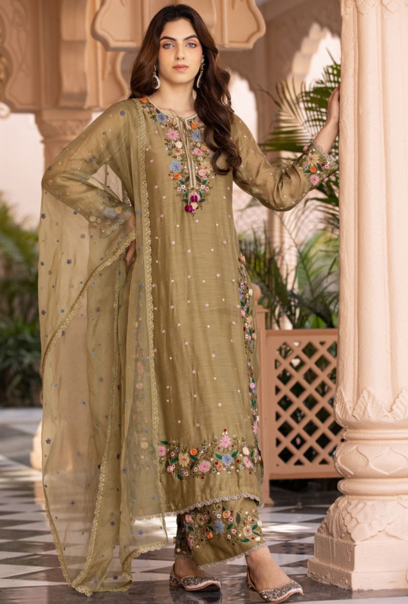 Olive Green Orchid Heavy Long Sahiba Kurta Set